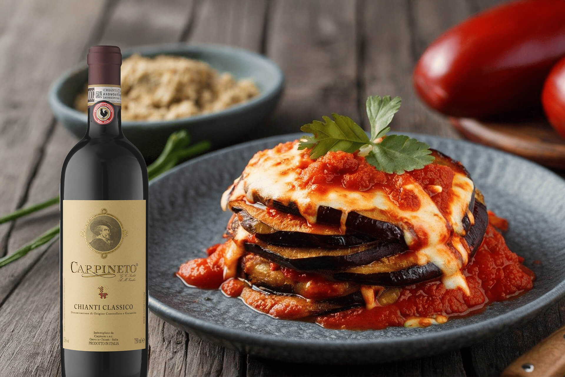 <p>Un rosso anche d&rsquo;estate: Chianti Classico Carpineto e melanzane alla parmigiana rivisitata (grigliata, non fritta)</p>
